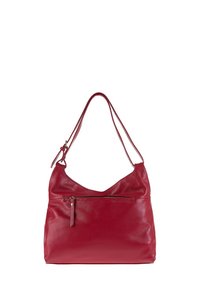 Rode leren hobo-tas met een gestructureerde afwerking, voorzien van een enkele schouderriem en een ritsvak aan de voorkant. Glad, afgerond ontwerp.