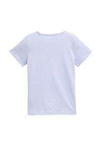 Lichtblauw T-shirt met korte mouwen en een ronde halslijn, met een gladde textuur, zonder patronen of accenten, gezien vanaf de achterkant.