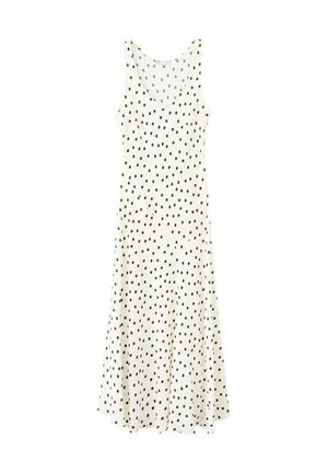 Vestido blanco sin mangas con lunares negros irregulares, corpiño ajustado y falda larga acampanada.