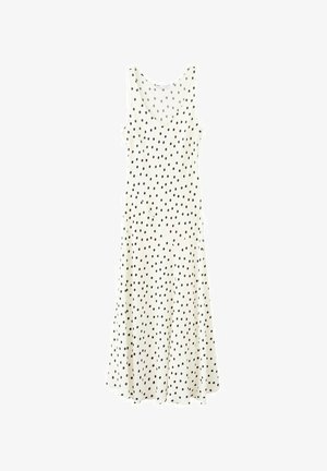 Biała sukienka bez rękawów z czarnymi nieregularnymi groszkami, dopasowaną górą i rozkloszowaną długą spódnicą.