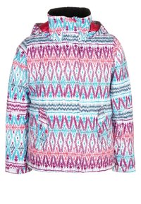 Skijacke mit einem bunten geometrischen Muster in Pink, Blau und Weiß. Mit hohem Kragen und zwei Vordertaschen. Hergestellt aus synthetischem Material.