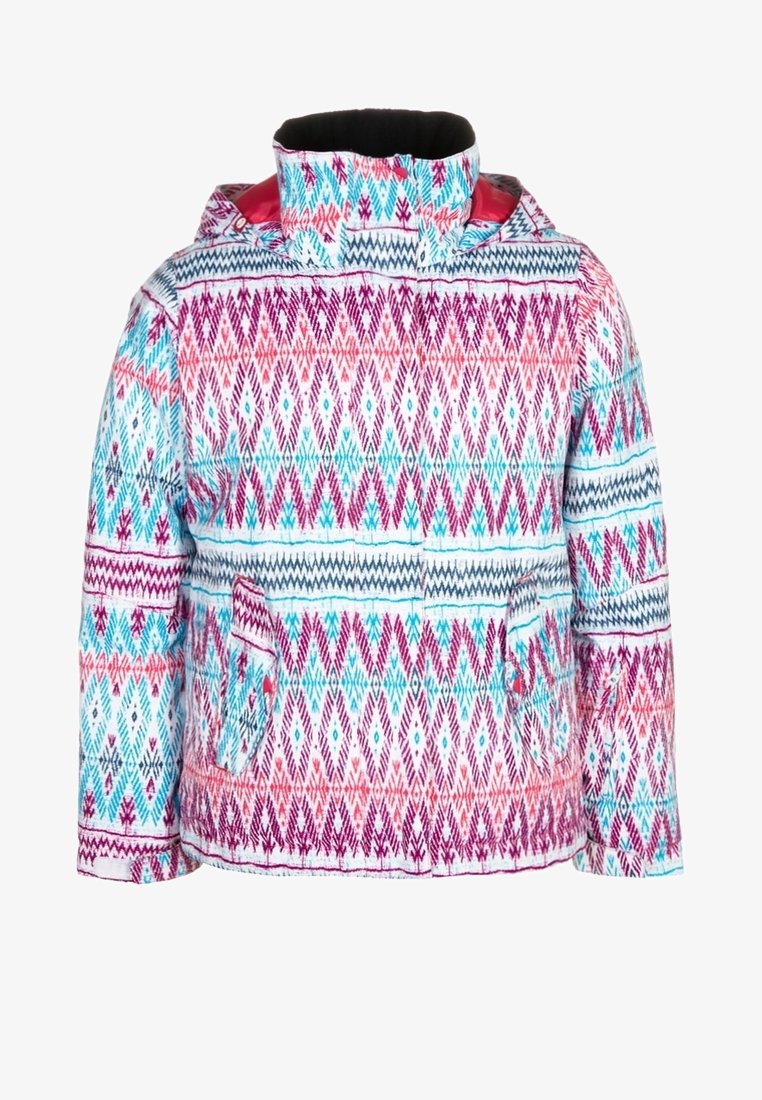 Skijacke mit einem bunten geometrischen Muster in Pink, Blau und Weiß. Mit hohem Kragen und zwei Vordertaschen. Hergestellt aus synthetischem Material.