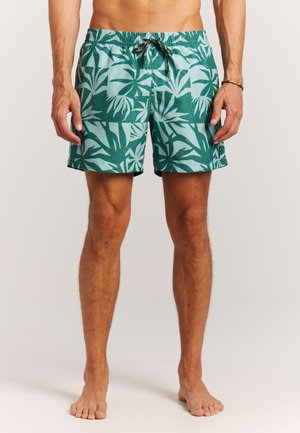 Shorts de bain verts à motifs avec un design de feuilles de palmier, taille élastique avec cordon de serrage, et coupe décontractée. Adaptés pour la plage ou la piscine.