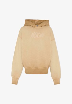 Felpa beige con cappuccio, dal morbido tessuto e vestibilità oversize, con polsini a costine. Caratterizzata da un logo a tono tono in rilievo sul petto.