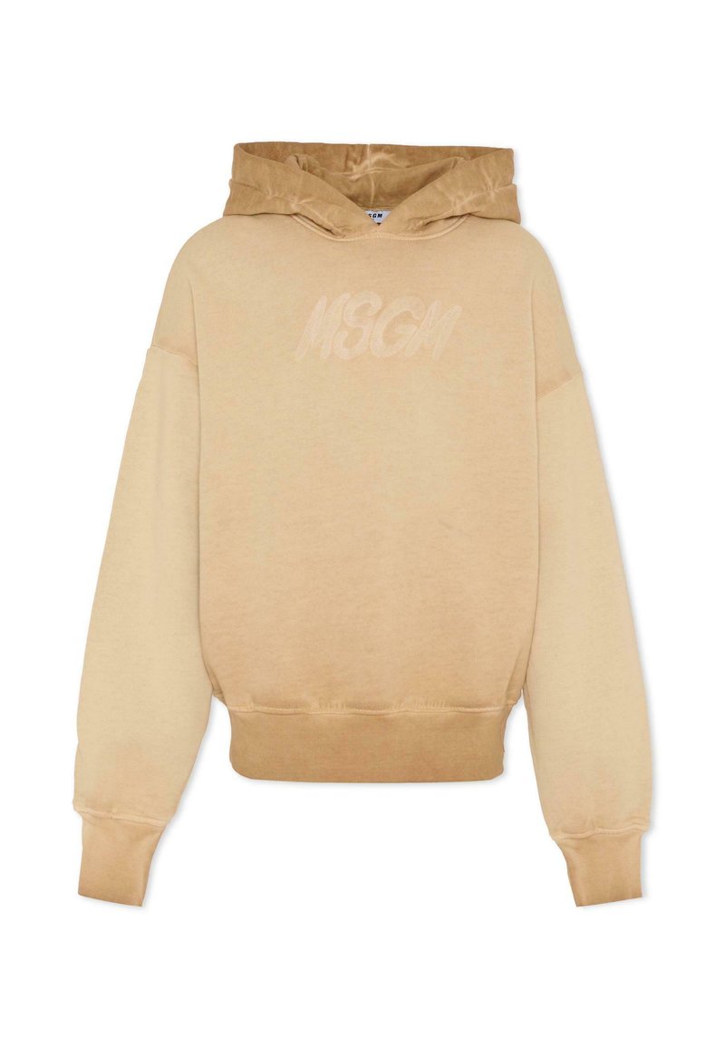 Felpa beige con cappuccio, dal morbido tessuto e vestibilit�à oversize, con polsini a costine. Caratterizzata da un logo a tono tono in rilievo sul petto.