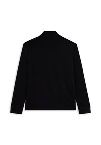 Polo a maniche lunghe nera, in cotone, vestibilità dritta, colletto piatto, polsini a coste, design minimalista, senza modelli o loghi visibili.