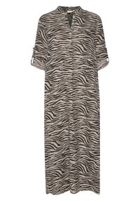 Zebramönstrad klänning i beige och svart. Har en kragnivå, korta ärmar med uppvikta manschetter och en knäppning framtill.