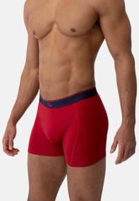 Boxer shorts rossi realizzati in tessuto morbido, con una fascia elastica blu navy e un piccolo logo. Texture liscia con un design aderente.