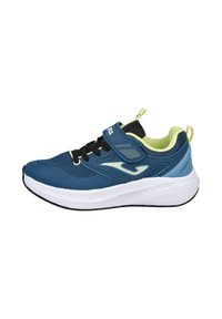 Zapatilla deportiva azul con detalles negros, parte superior de malla ligera, collar acolchado, entresuela blanca y correa de Velcro para un ajuste seguro.