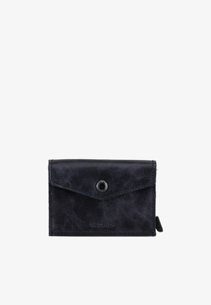 Cartera Secrid de cuero negro con un broche frontal y una lengüeta de extracción en el lateral, diseñada para almacenar tarjetas y dinero en efectivo de forma compacta.