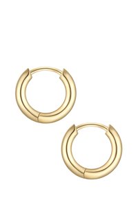 Auksiniai auskarai-žiedai su lygiu, apvaliu dizainu, turintys poliruotą paviršių ir mažą vyriuką atidarymui ir uždarymui.