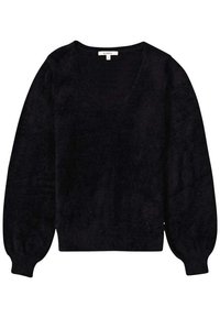 Schwarzer, flauschiger Pullover mit tiefem V-Ausschnitt, langen Ballonärmeln und enganliegendem Saum. Hergestellt aus weichem, strukturiertem Material.