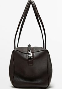 Dark brown leather handbag with dual straps and a central silver zipper closure on plain light background.