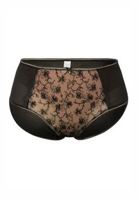 Culotte haute transparente noire avec un motif floral brodé en noir sur fond beige, ornée de garnitures décoratives et d'un nœud.