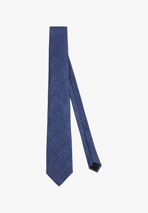 Blaues Krawatte mit einer strukturierten Muster, das ein geometrisches Design zeigt. Hergestellt aus gewebtem Stoff, hat sie ein spitzes Ende und einen schwarzen Akzent an der Spitze.