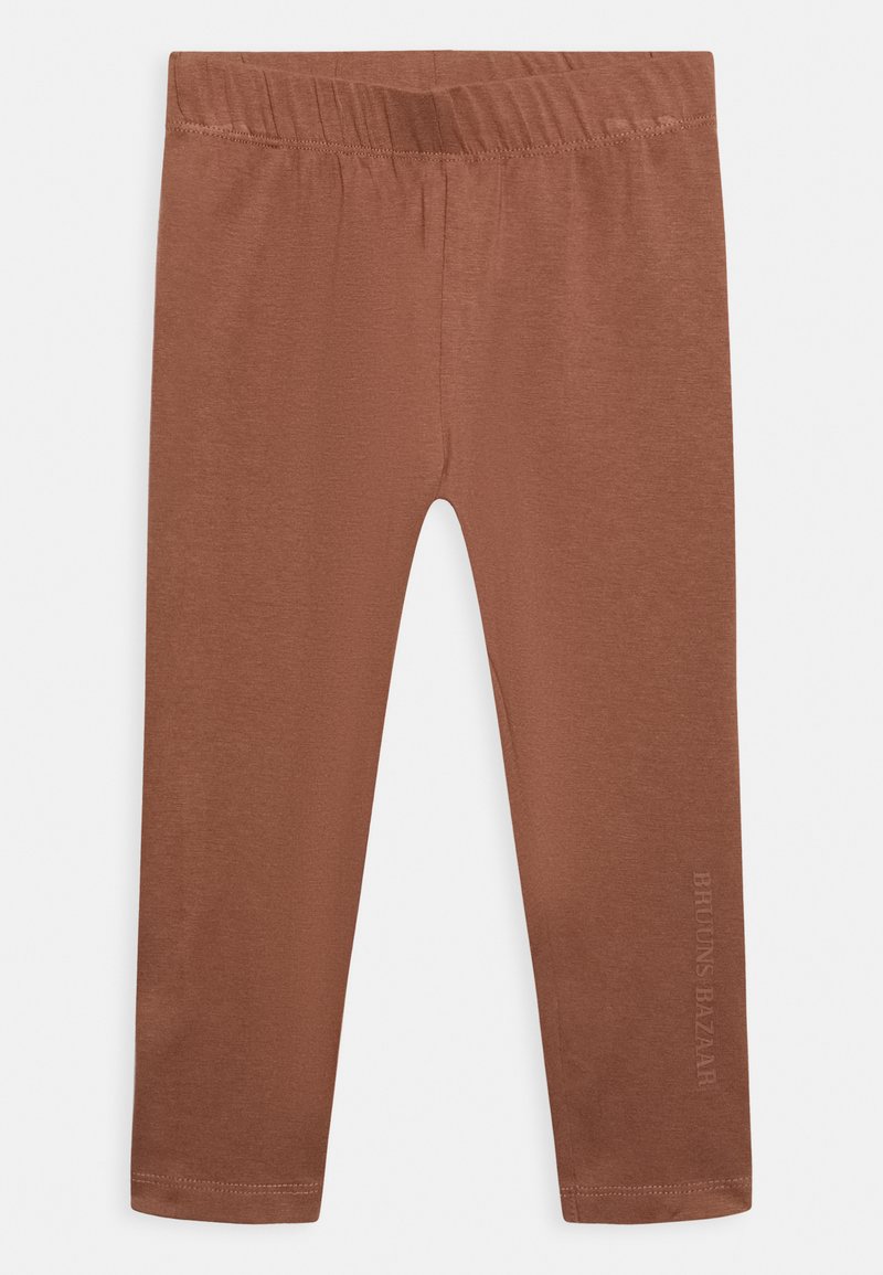 Leggings castanhos feitos de um tecido suave com uma cintura elástica. Apresenta um texto de logotipo subtil no lado. Textura suave e design ajustado.