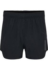 Schwarze Sportshorts aus leichtem Material. Mit elastischem Bund und seitlichem Logo-Akzent. Glatte Textur mit kurzem Schnitt.