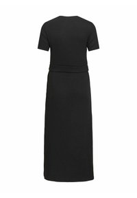 Robe noire à manches courtes, longue jusqu’aux chevilles, vue de dos avec une taille cintrée et une silhouette droite. Aucun fermoir ou motif visible.