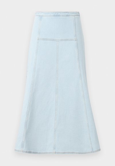 Light blue denim A-line skirt with a high waist, featuring vertical seam detailing and a flared hem for added movement.