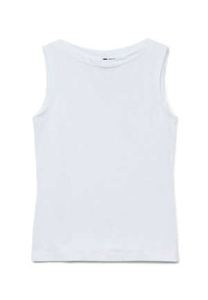 Top alb din bumbac fără mâneci, cu decolteu rotund larg și tiv drept, afișat așezat pe un fundal alb.