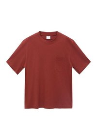 Red cotton T-shirt with short sleeves, round neckline, and a chest pocket. Smooth texture, simple design, and standard fit.