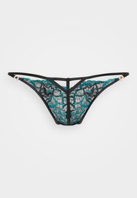 Zwarte kanten string met turquoise bloemenpatronen, verstelbare bandjes en een minimalistisch ontwerp. Accenten omvatten gouden metalen details.