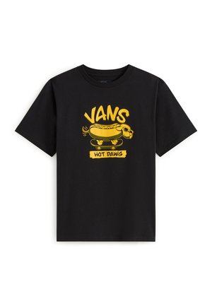 Czarna koszulka z krótkim rękawem z żółtą grafiką hot doga w okularach przeciwsłonecznych jeżdżącego na deskorolce, z napisami "VANS" i "HOT DAWG".