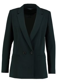 Ciemnozielony żakiet wykonany z gładkiego materiału, z klapami w szpic, podwójnym zapięciem na guziki i bocznymi kieszeniami o dopasowanym kroju.