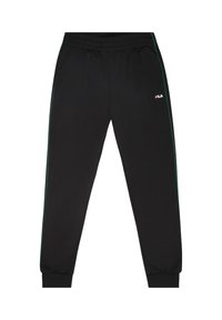 Svarta joggingbyxor med elastisk midja, gröna sidostråk och räfflade muddar. Fila-logotypen finns på övre vänstra benet.