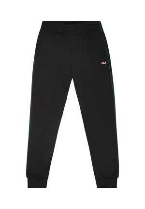 Pantalones de chándal negros con cintura elástica, franjas laterales verdes y puños acanalados. Logo de Fila en la parte superior de la pierna izquierda.