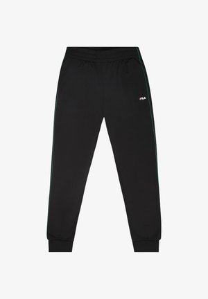 Svarta joggingbyxor med elastisk midja, gröna sidostråk och räfflade muddar. Fila-logotypen finns på övre vänstra benet.