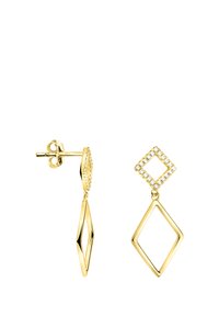 Orecchini d'oro con una forma geometrica a diamante, decorati con strass trasparenti e un design elegante a perno per una vestibilità sicura.