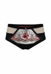 Czarna i cielista bielizna z misternym czerwonym haftem kwiatowym oraz przezroczystymi panelami z siateczki, podkreślona czarnymi wykończeniami i dekoracyjnym detalem.