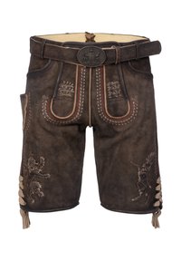 Bruine leren shorts met ingewikkelde borduursels, voorzien van een leeuwen- en hertmotief, riemlussen en zijveters voor een verstelbare pasvorm.