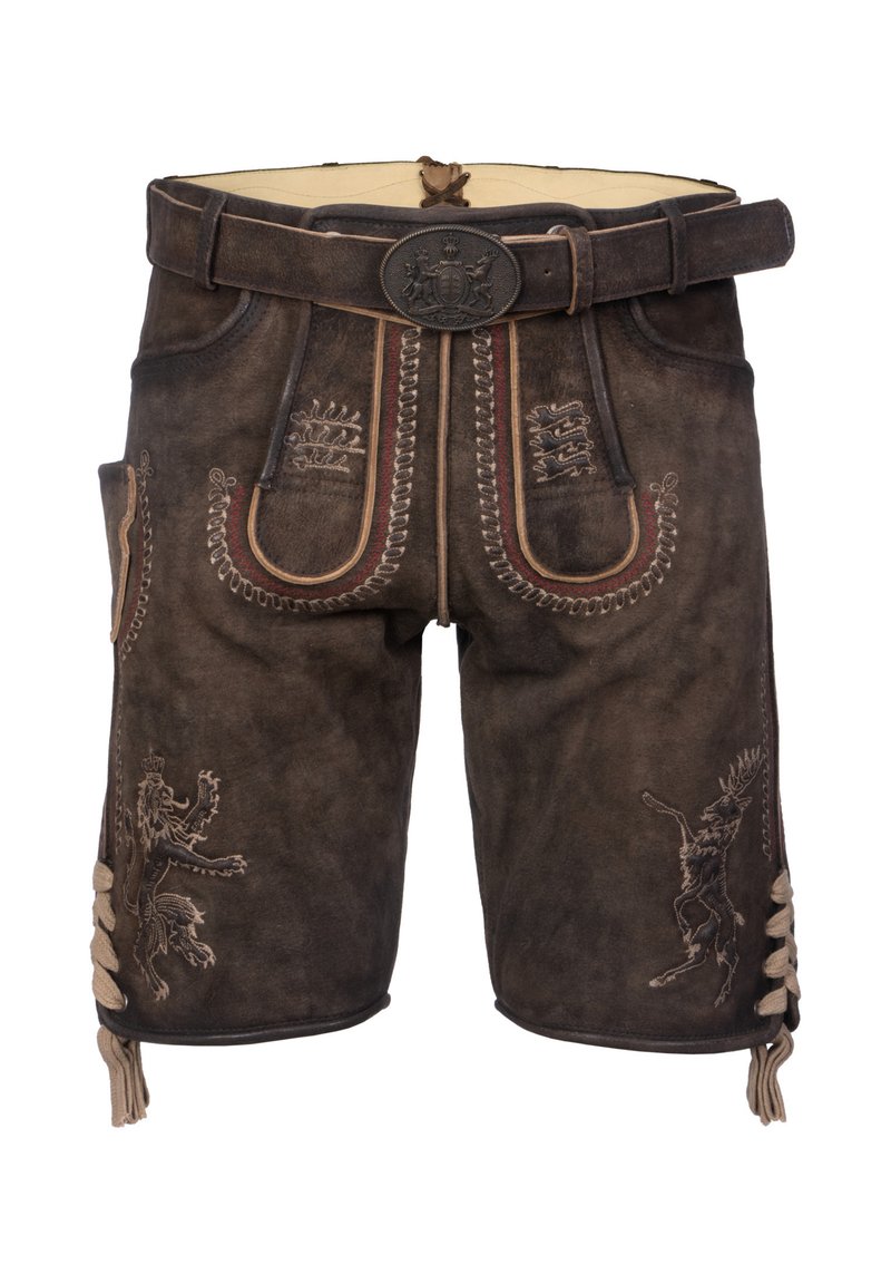 Bruine leren shorts met ingewikkelde borduursels, voorzien van een leeuwen- en hertmotief, riemlussen en zijveters voor een verstelbare pasvorm.