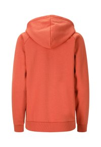 Kapuzen sweatshirt in koraalkleur, gemaakt van textuurstof. Beschikt over een kangoeroezak en ribgebreide manchetten en zoom. Eenvoudig ontwerp, achteraanzicht.