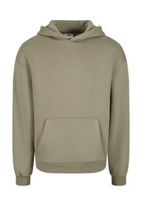 Felpa con cappuccio verde oliva con tasca frontale a marsupio. Presenta polsini e orlo a costine, progettata con una vestibilità morbida e una texture soffice.