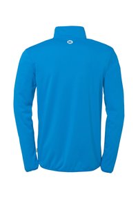 Langarmjack in helderblauwe stof, met een hoge kraag en logo op de rug. Gladde textuur met een regulier pasvorm ontwerp.