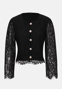 Jachetă neagră din dantelă cu mâneci lungi, închidere cu nasturi de perlă, tiv cu marginile ondulate și model floral complicat pe material.
