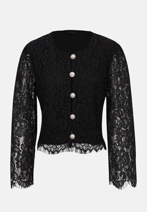 Jachetă neagră din dantelă cu mâneci lungi, închidere cu nasturi de perlă, tiv cu marginile ondulate și model floral complicat pe material.