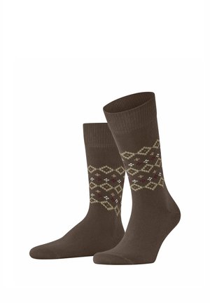 Paar braune Wadenlange Socken mit beigen und bordeauxfarbenen geometrischen und floralen Strickmustern im oberen Bereich.