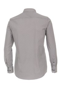 Lange mouwen shirt in lichtgrijs met een geometrisch zwart patroon, voorzien van een geknoopte kraag en manchetten, gemaakt van lichtgewicht geweven stof.