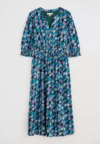 Ein blumengemustertes Kleid mit tiefem V-Ausschnitt, Ballonärmeln, elastischem Bund und einer langen, fließenden Silhouette in Tönen von Teal, Lila und Grün.