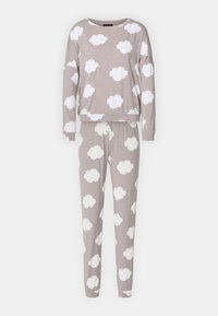 Grå pyjamasset i mjukt material med vita molnmönster på både långärmad topp och smalnade byxor.