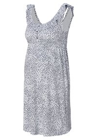 Vestido de maternidad en tejido ligero con estampado de hojas en azul marino sobre fondo blanco. Presenta tirantes con volantes y una cintura flexible.