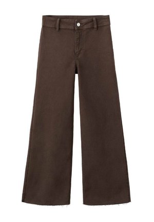 Jean marron à jambes larges en denim robuste, doté d'une taille haute, d'une fermeture à boutons à l'avant et d'un ourlet effiloché aux jambes.