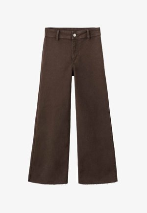 Jean marron à jambes larges en denim robuste, doté d'une taille haute, d'une fermeture à boutons à l'avant et d'un ourlet effiloché aux jambes.