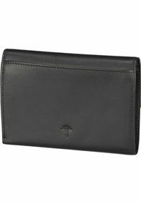 Portafoglio in pelle nera con texture liscia, caratterizzato da un logo goffrato discreto, bordi cuciti in modo ordinato e un design rettangolare elegante.