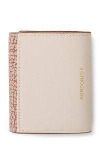 Kompakte beige Lederbörse mit strukturiertem braunem Seitenpanel und goldfarbenem "BORBONESE"-Logo auf der Vorderseite.