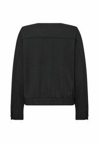Zwarte lichtgewicht jas met elastische tailleband, lange mouwen en knoopmanchet. Gladde textuur met een minimalistisch ontwerp en zonder patronen.
